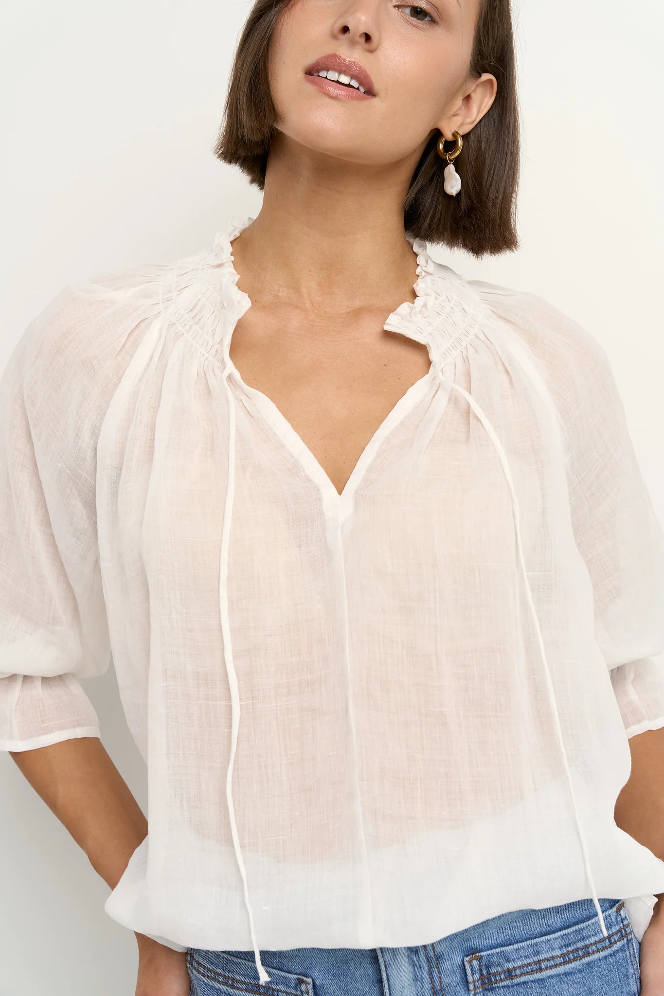 AMONG THE BRAVE Expedition Ramie Shirred Neck Top Ivory