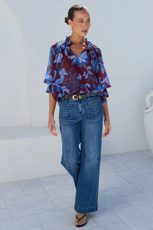 AMONG THE BRAVE Expedition Burgundy Blue Floral Top