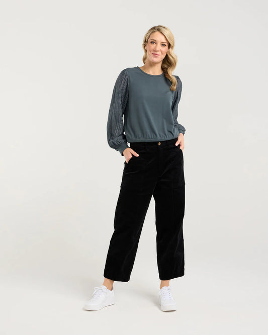 BLACKSTONE Hudson Crinkle Sleeve Top Pine Green