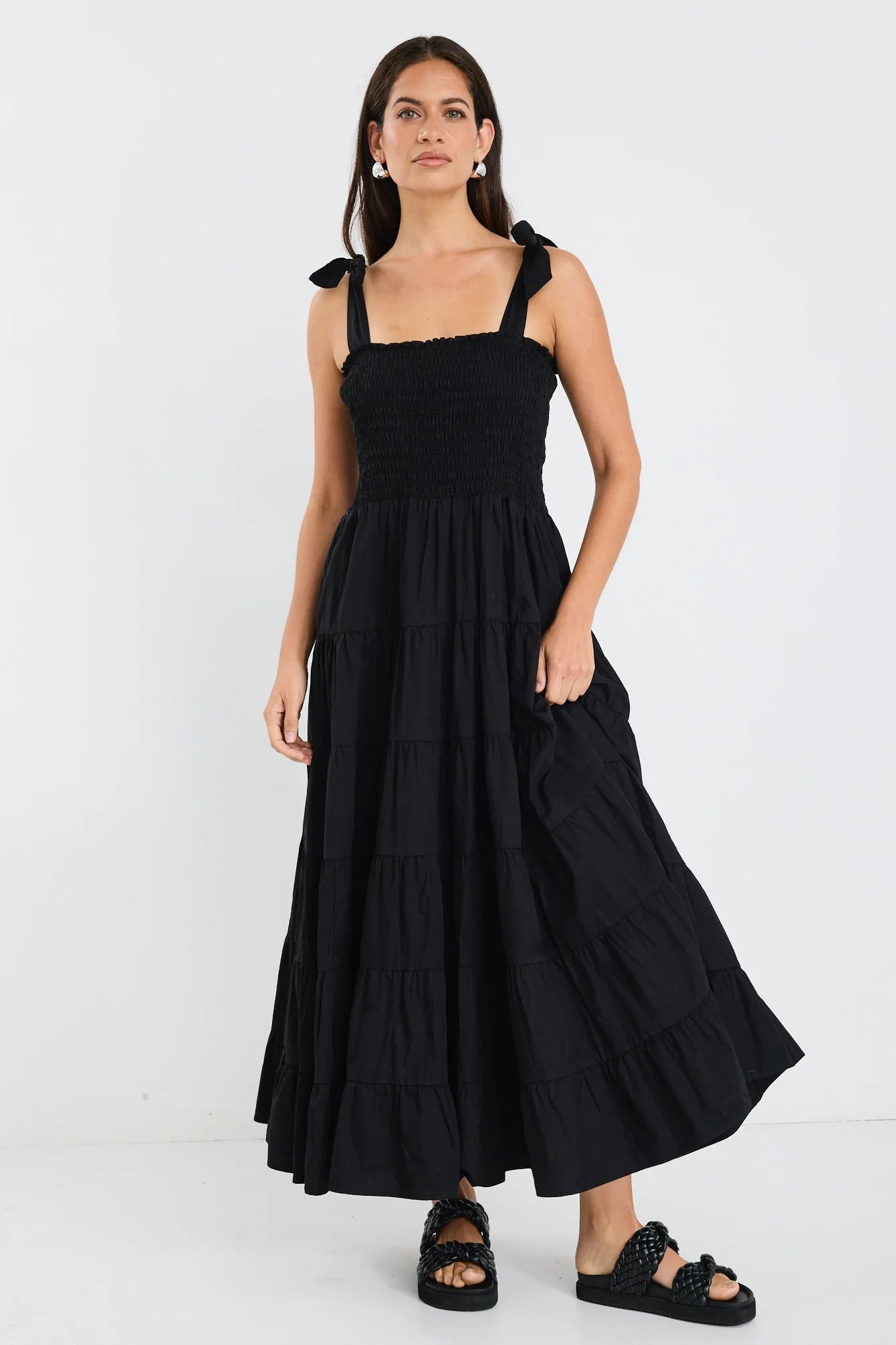 IVY + JACK Isabella Cotton Poplin Tiered Maxi Dress Black