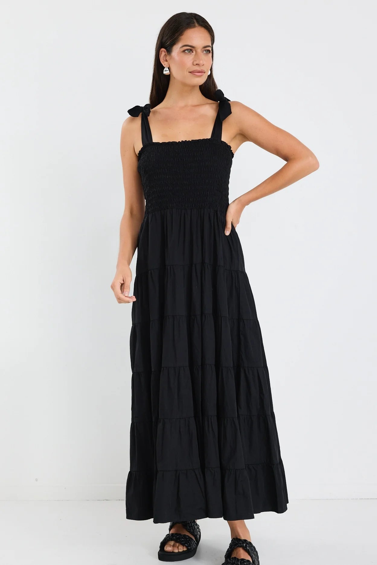 IVY + JACK Isabella Cotton Poplin Tiered Maxi Dress Black
