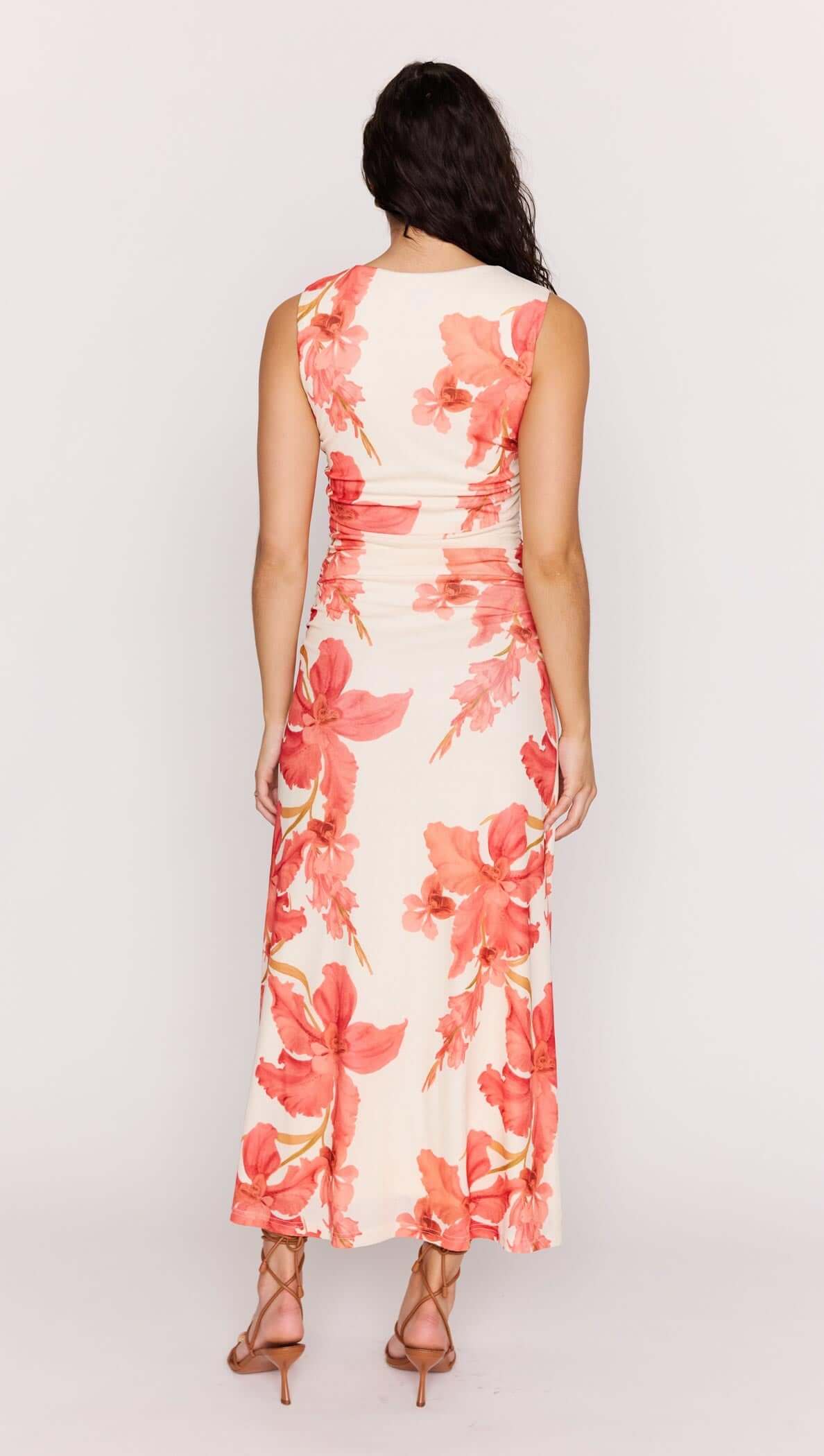MINK PINK Isla Peach Hibiscus Mesh Midi Dress