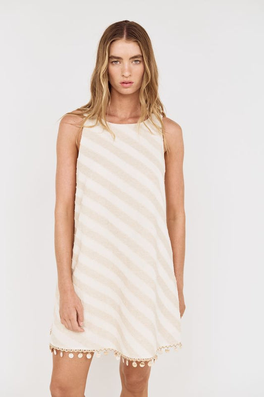 MINK PINK Kaia Shell Tassel Mini Dress Beige Stripe