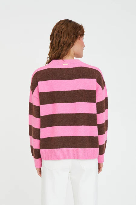 HUFFER Kenzie Stripe Knit Crew Petal/Chestnut