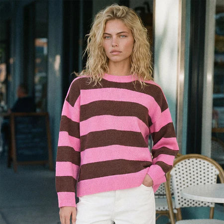 HUFFER Kenzie Stripe Knit Crew Petal/Chestnut