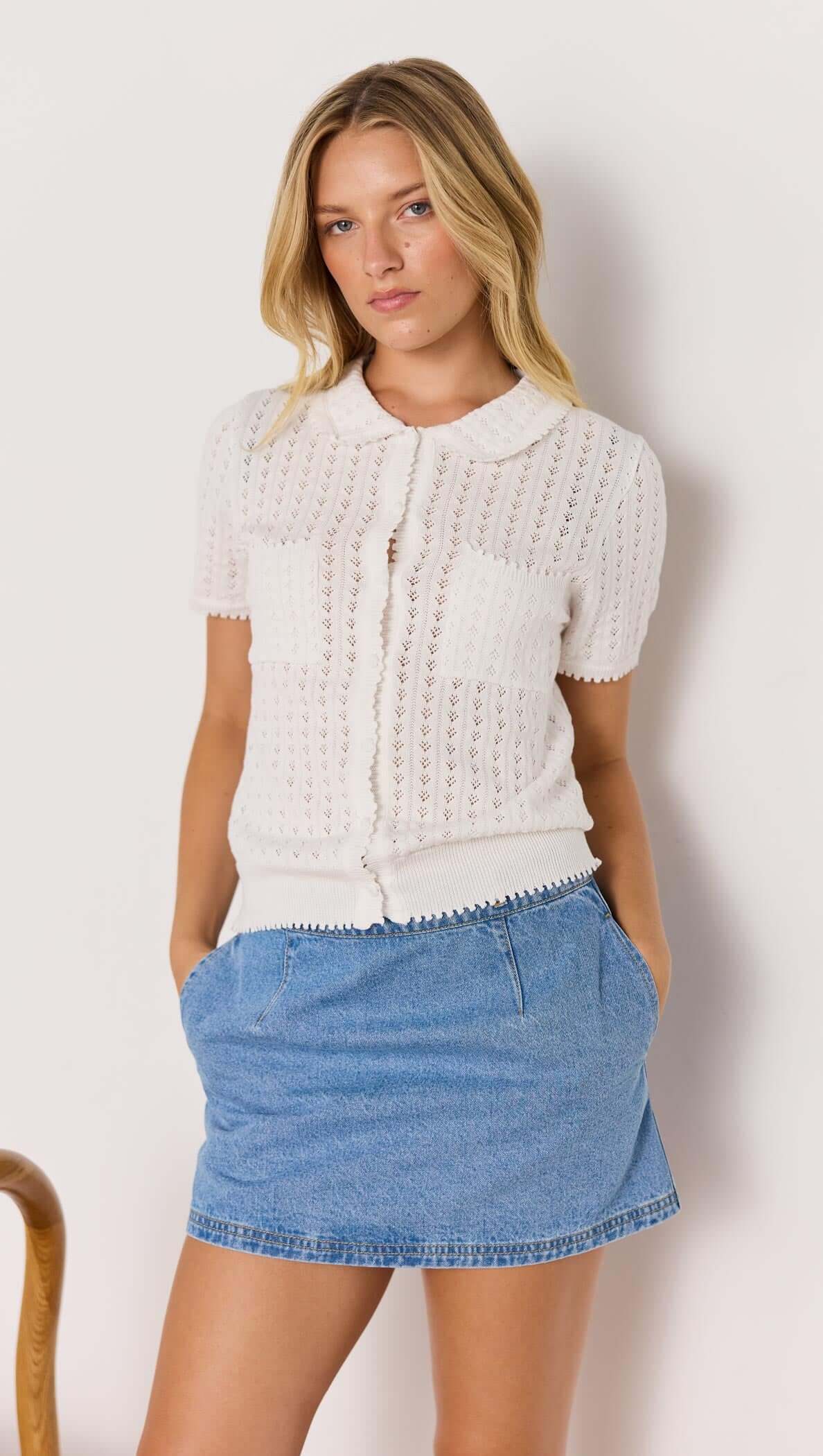 MINK PINK Lila Pointelle Knit Tee White