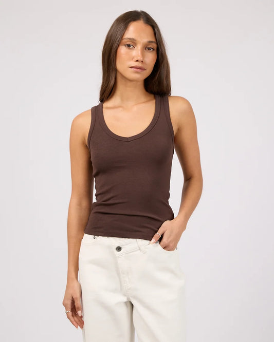 SILENT THEORY Luxe Rib Vee Tank Chocolate