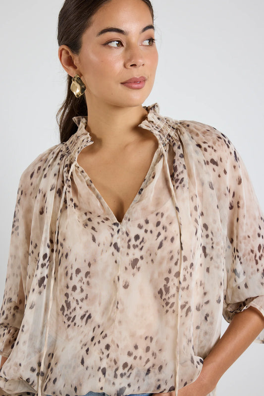 AMONG THE BRAVE Odyssey Beige Leopard Georgette Top