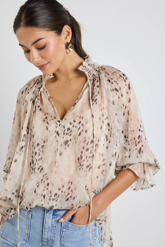 AMONG THE BRAVE Odyssey Beige Leopard Georgette Top
