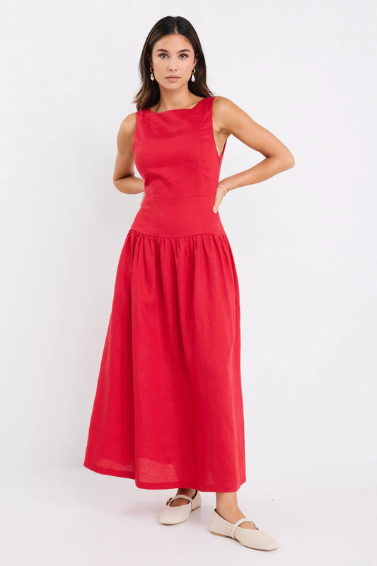 STORIES BE TOLD Results Red Linen Blend Dress