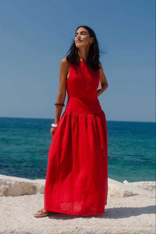 STORIES BE TOLD Results Red Linen Blend Dress