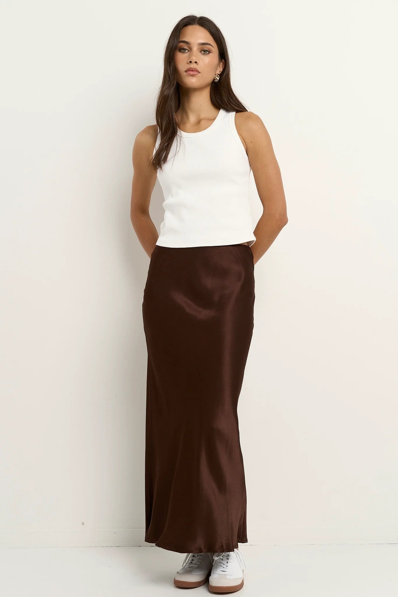 IVY+JACK Rosette Satin Bias Midi Skirt Chocolate