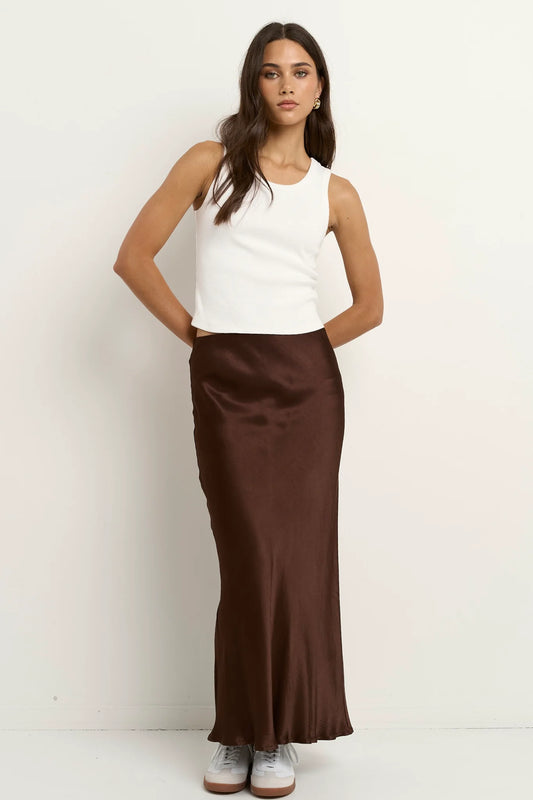IVY+JACK Rosette Satin Bias Midi Skirt Chocolate