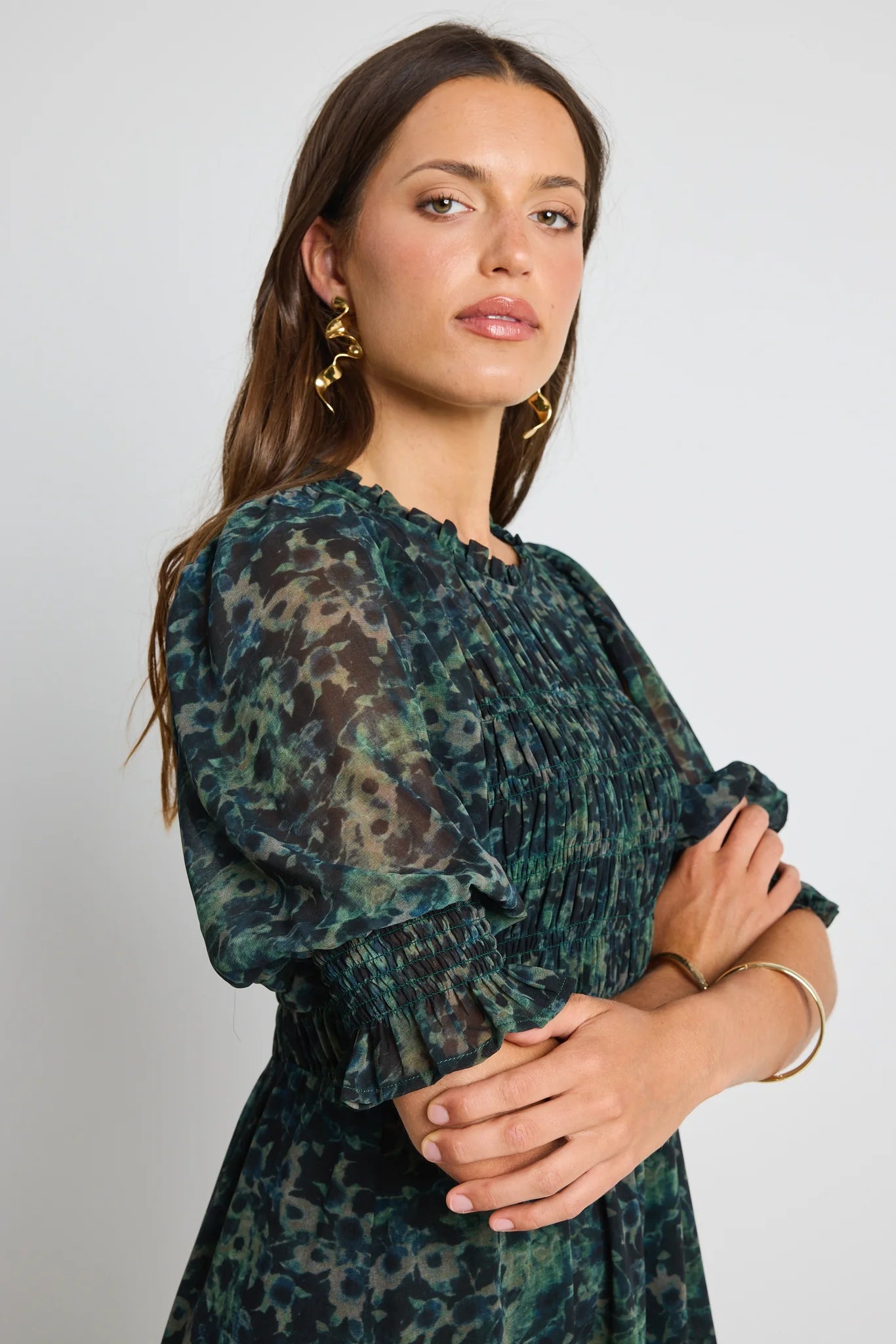 IVY+JACK Showcase Khaki Ditsy Print Georgette Puff Sleeve Dress