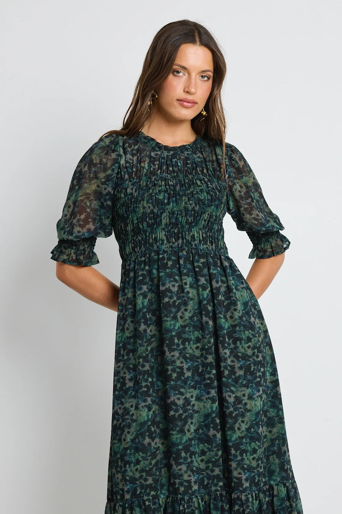 IVY+JACK Showcase Khaki Ditsy Print Georgette Puff Sleeve Dress