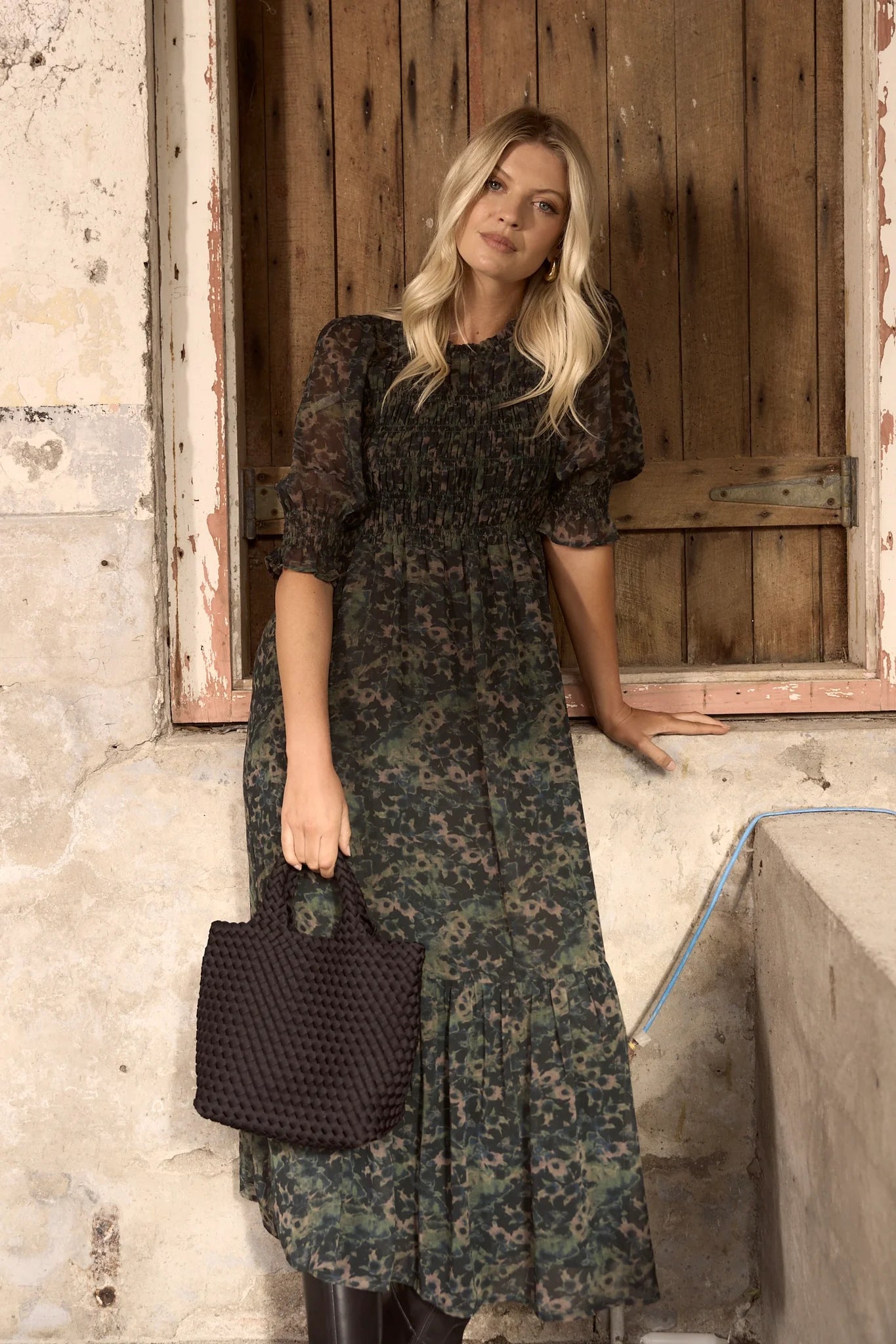 IVY+JACK Showcase Khaki Ditsy Print Georgette Puff Sleeve Dress
