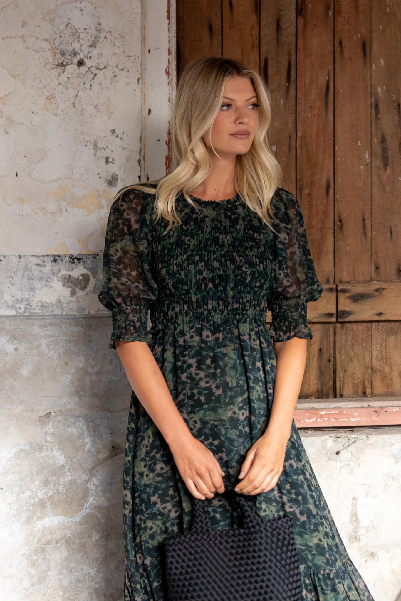 IVY+JACK Showcase Khaki Ditsy Print Georgette Puff Sleeve Dress