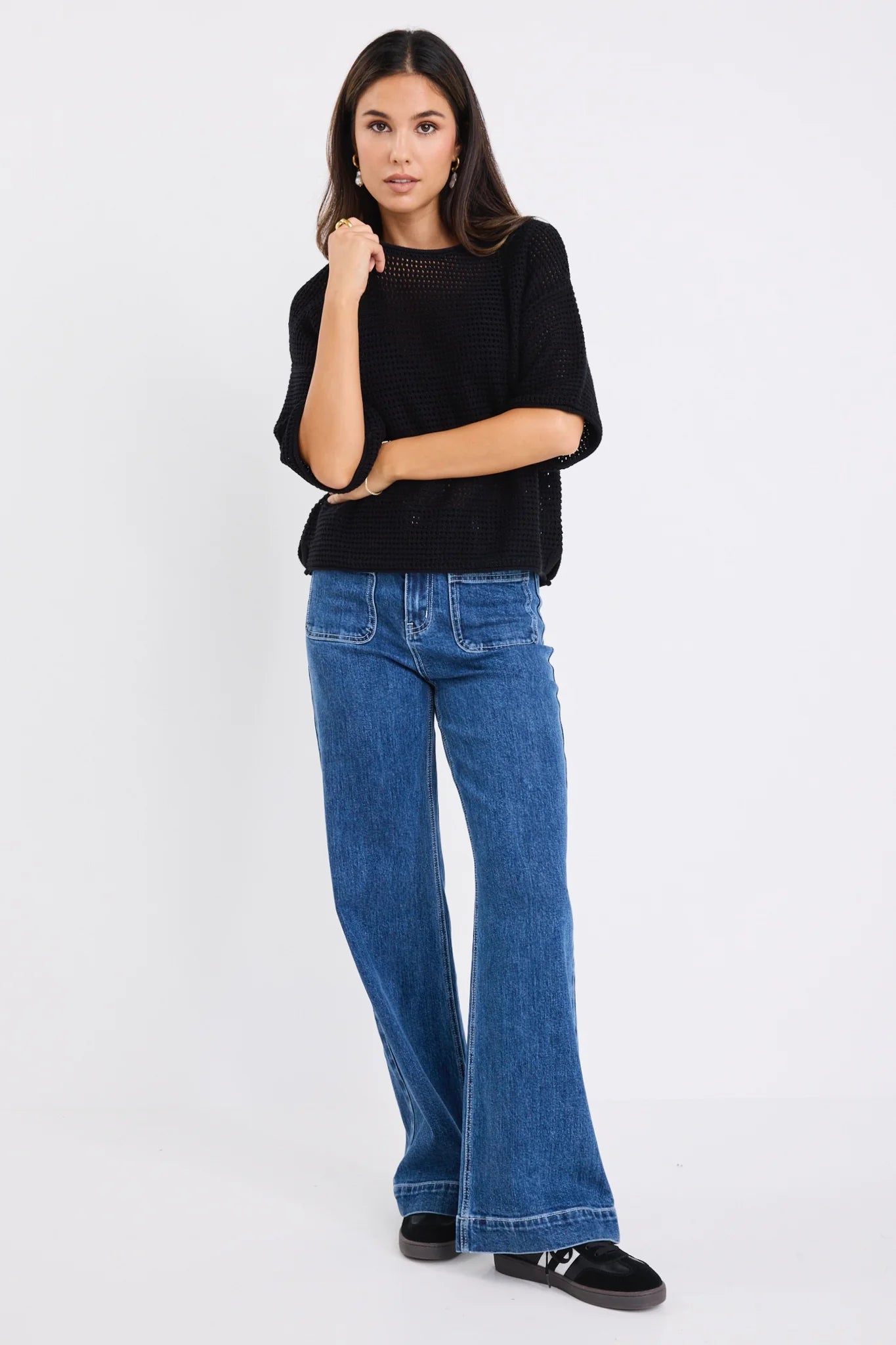REUNION Sunrise Crochet Knit Top Black
