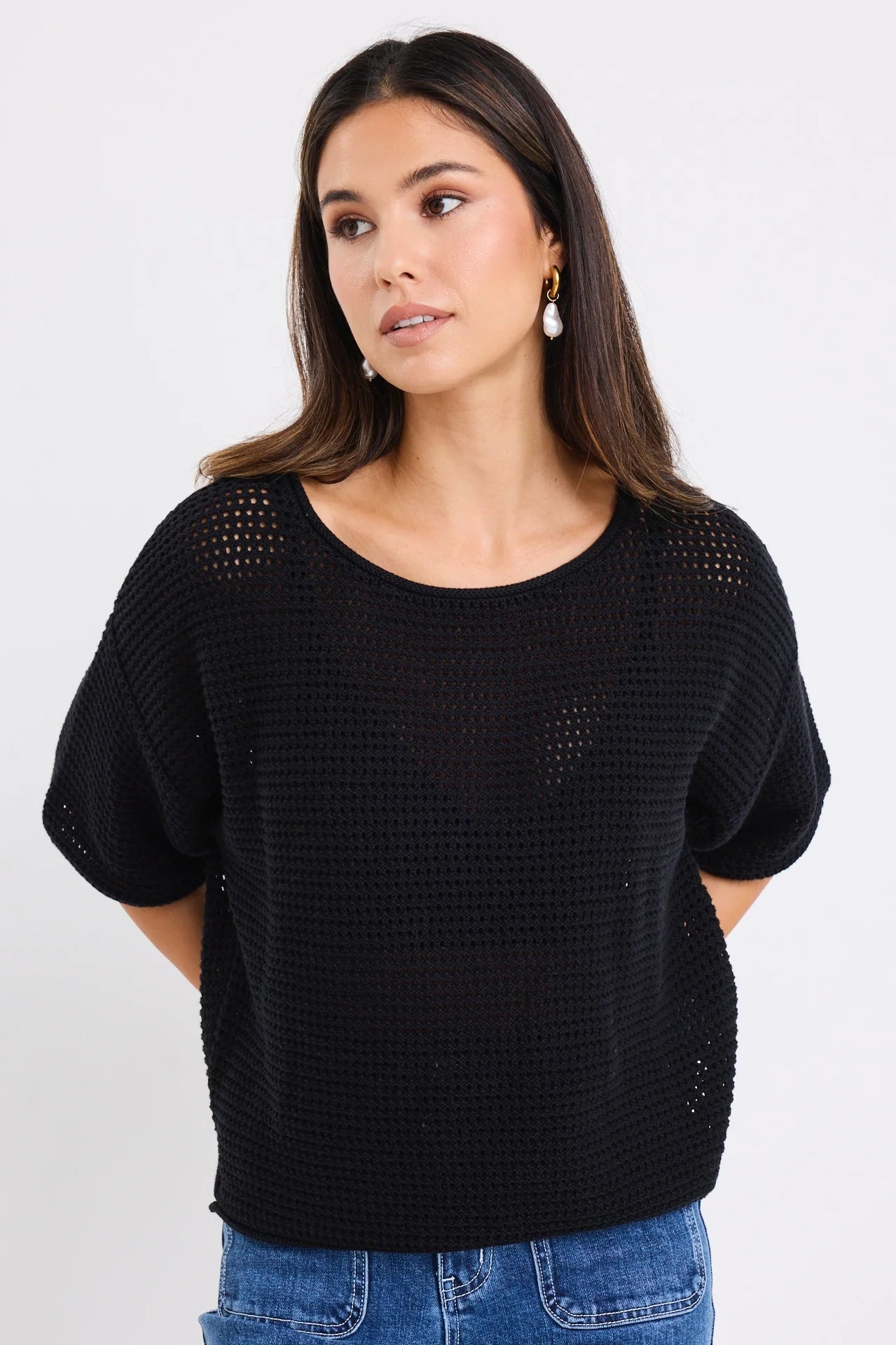 REUNION Sunrise Crochet Knit Top Black