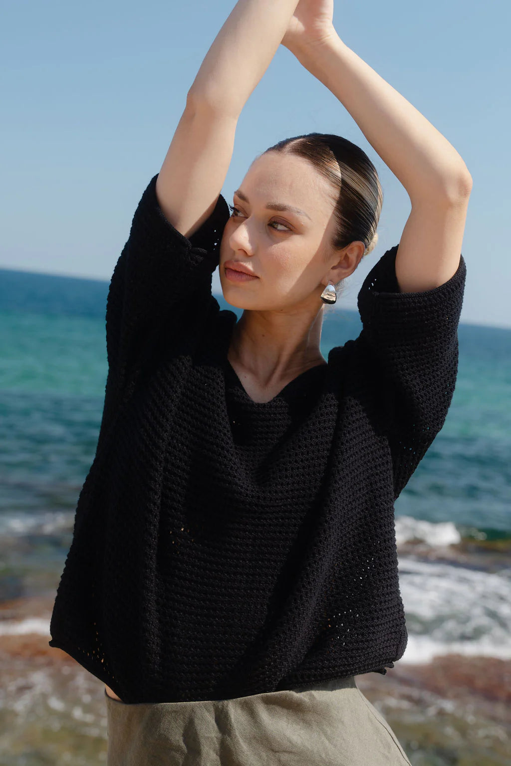 REUNION Sunrise Crochet Knit Top Black