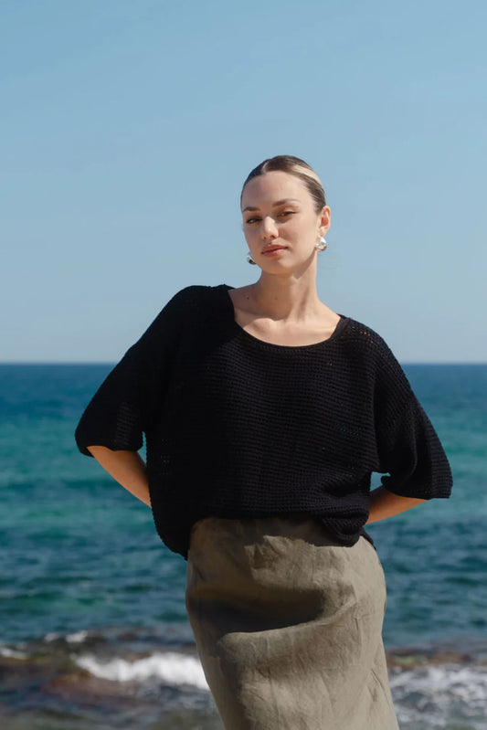 REUNION Sunrise Crochet Knit Top Black