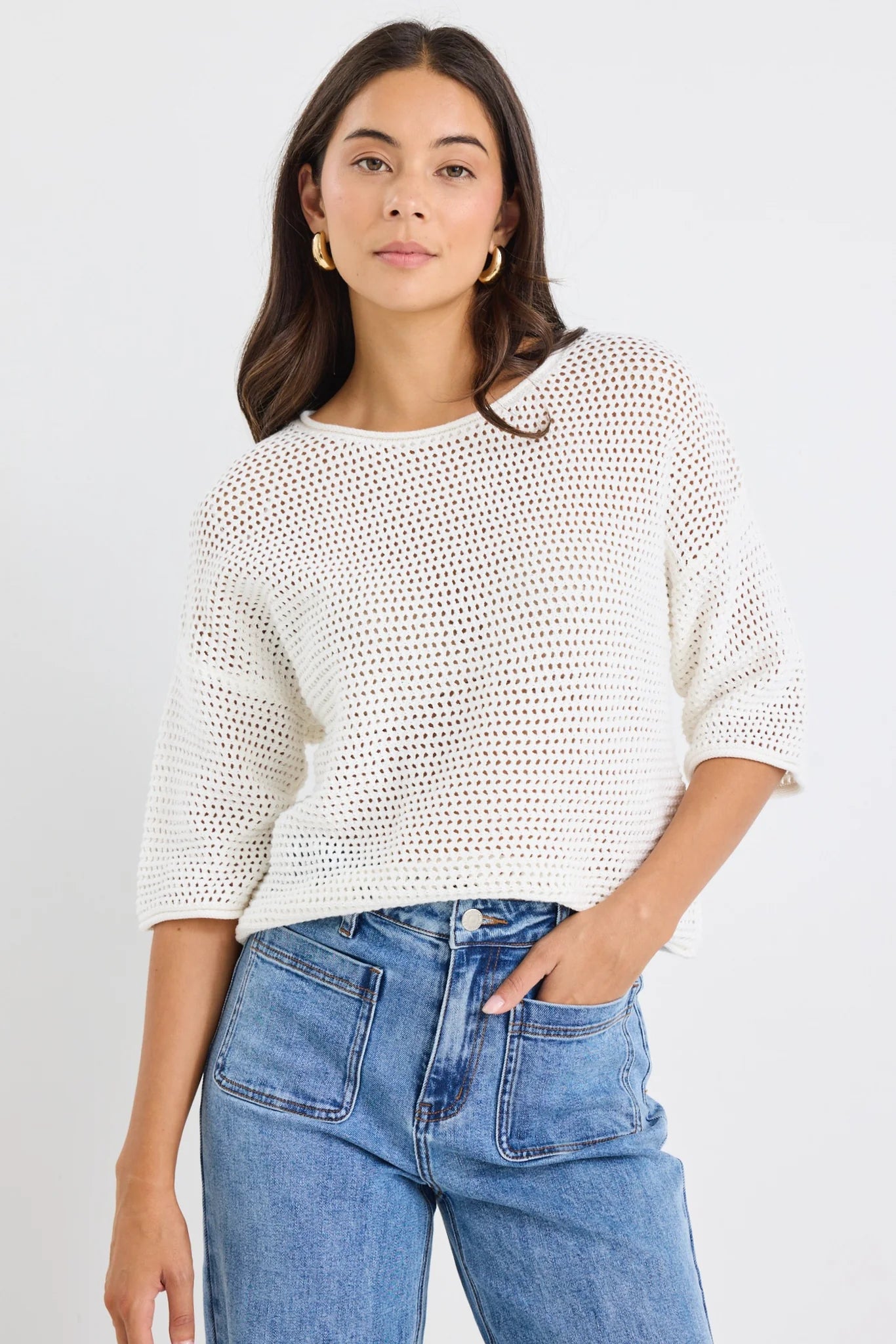REUNION Sunrise Ivory Crochet Knit Top