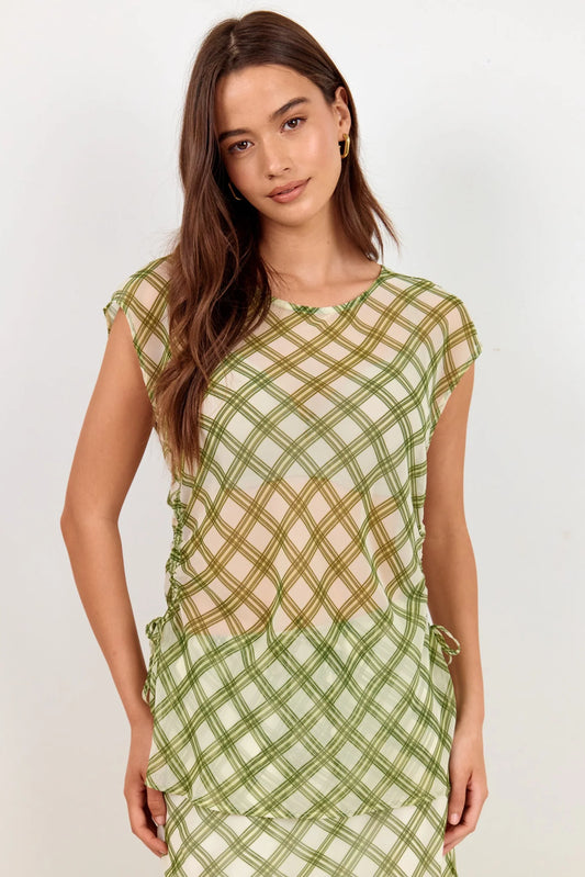 IVY + JACK Symmetry Avocado Check Chiffon Sheer Ruched Sleeveless Top