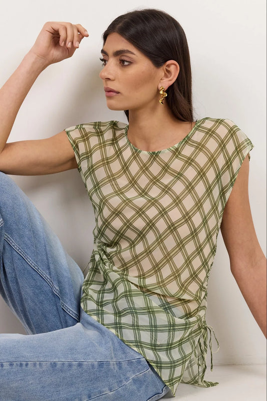IVY + JACK Symmetry Avocado Check Chiffon Sheer Ruched Sleeveless Top