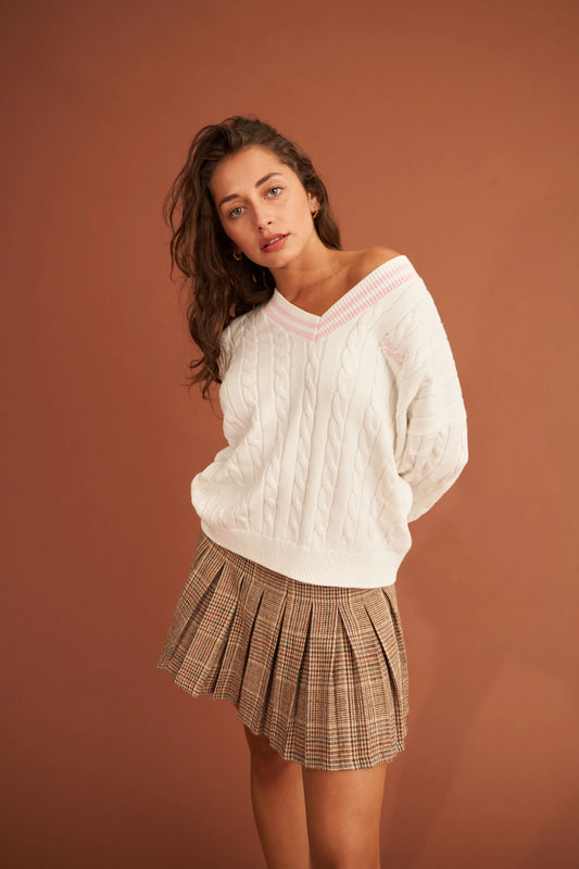 HUFFER V Neck Cable Knit Sweater Chalk/Pink