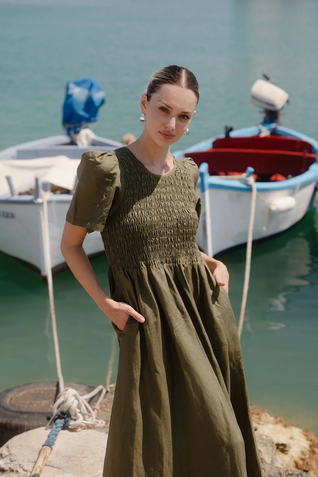 REUNION Wren Khaki Linen Blend Dress Khaki