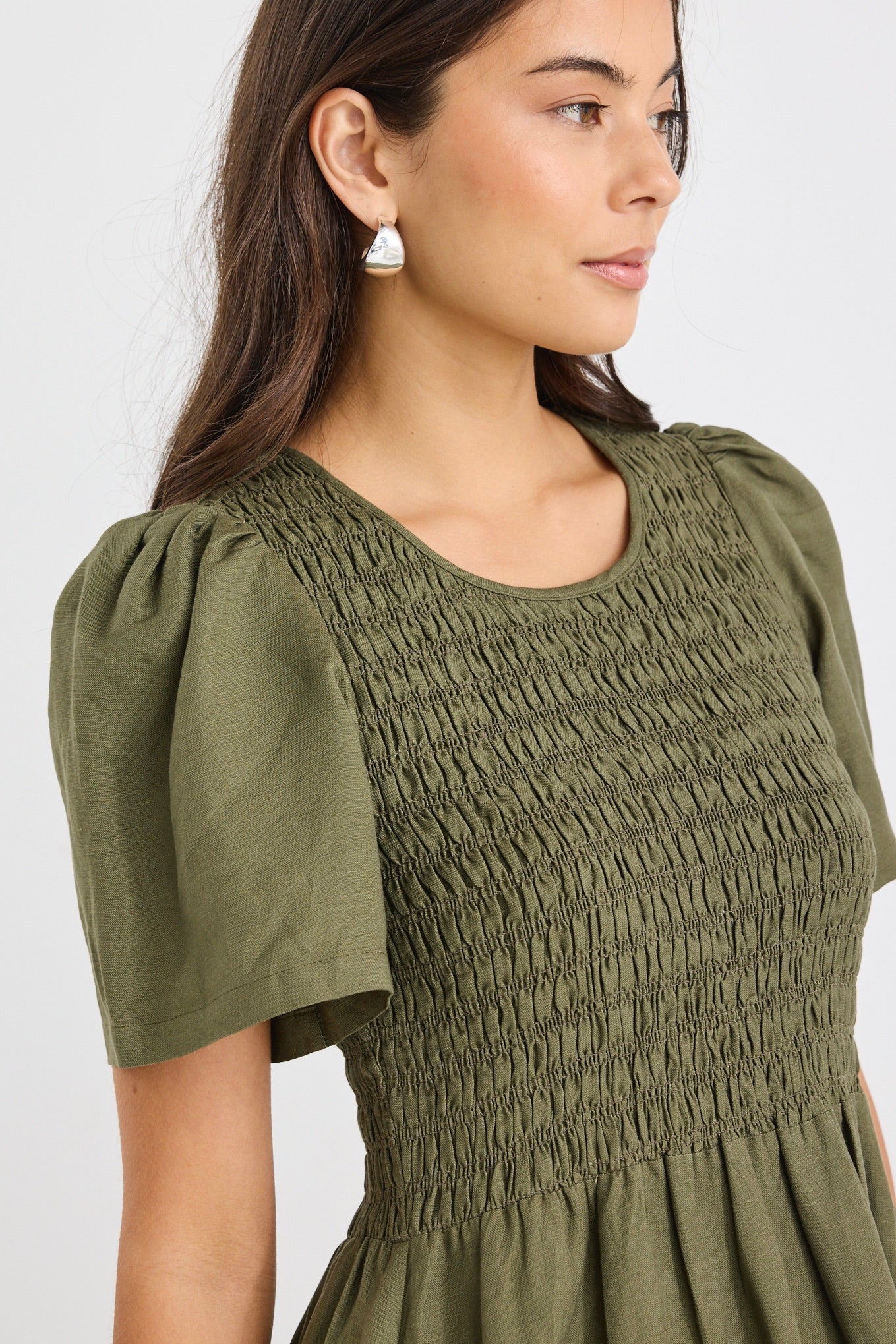 REUNION Wren Khaki Linen Blend Dress Khaki