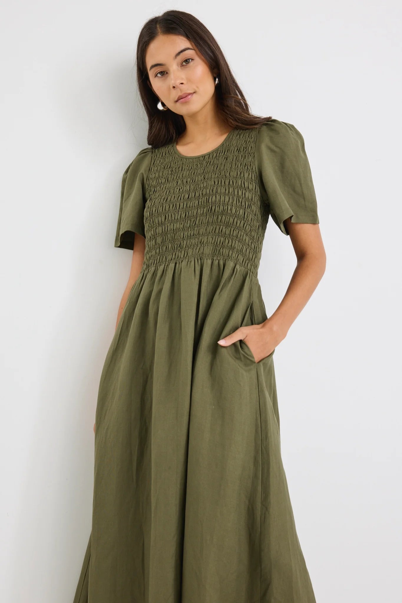 REUNION Wren Khaki Linen Blend Dress Khaki
