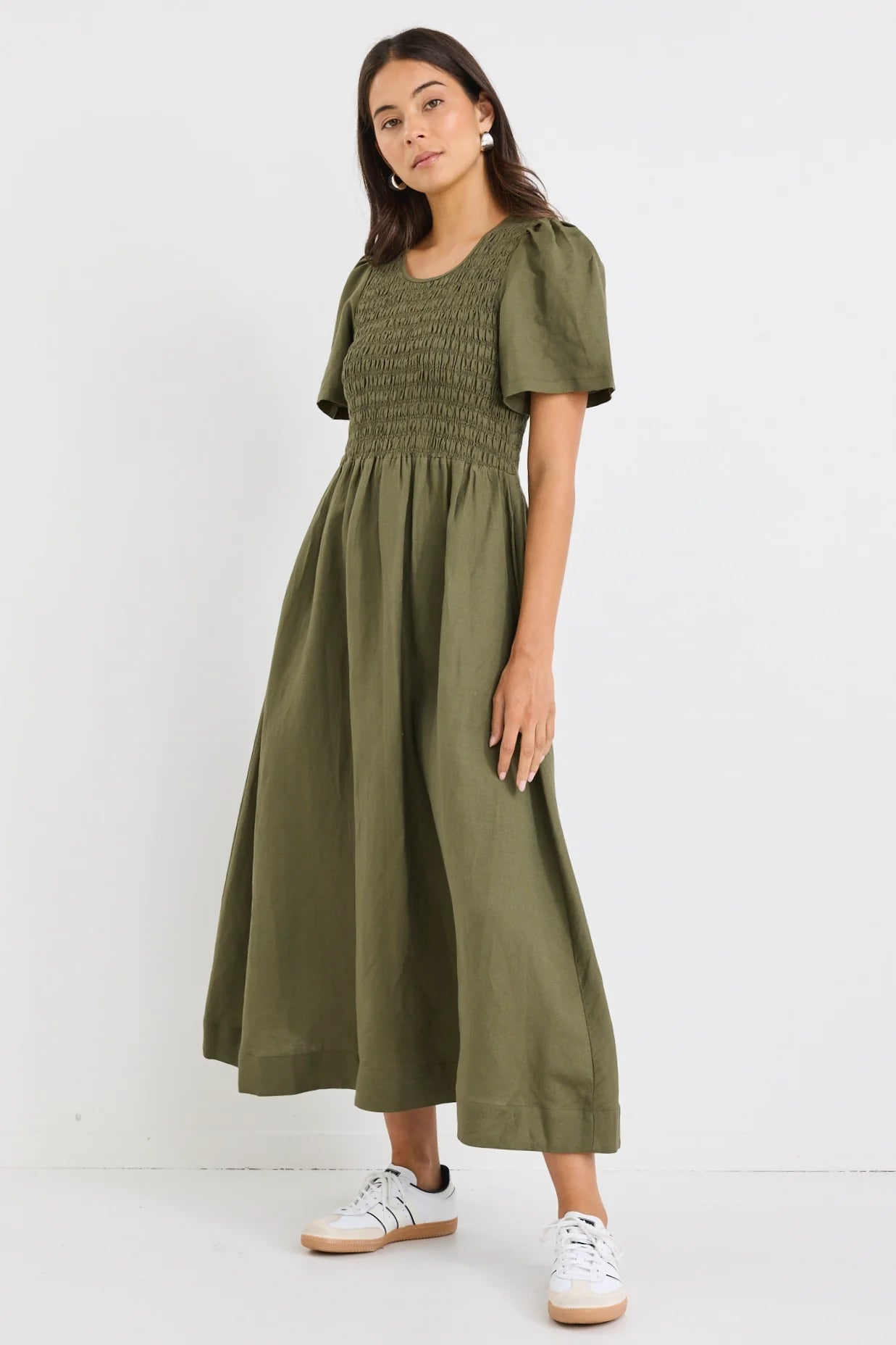 REUNION Wren Khaki Linen Blend Dress Khaki
