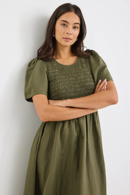 REUNION Wren Khaki Linen Blend Dress Khaki