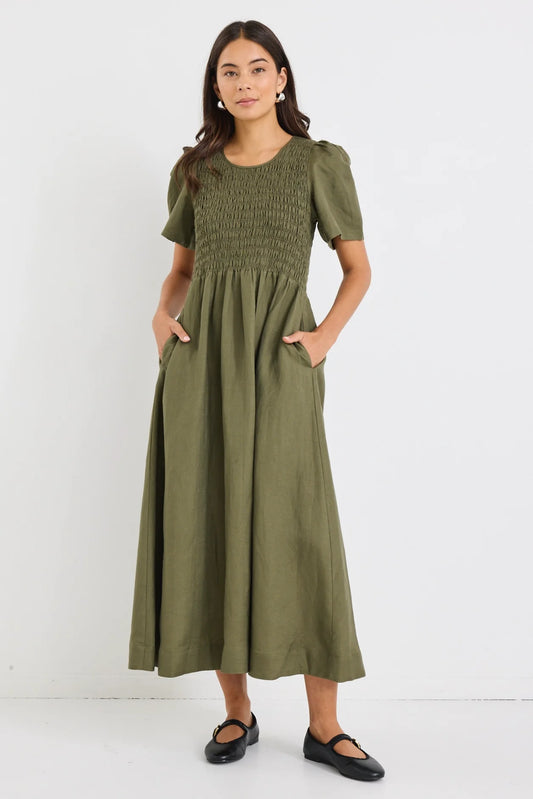 REUNION Wren Khaki Linen Blend Dress Khaki