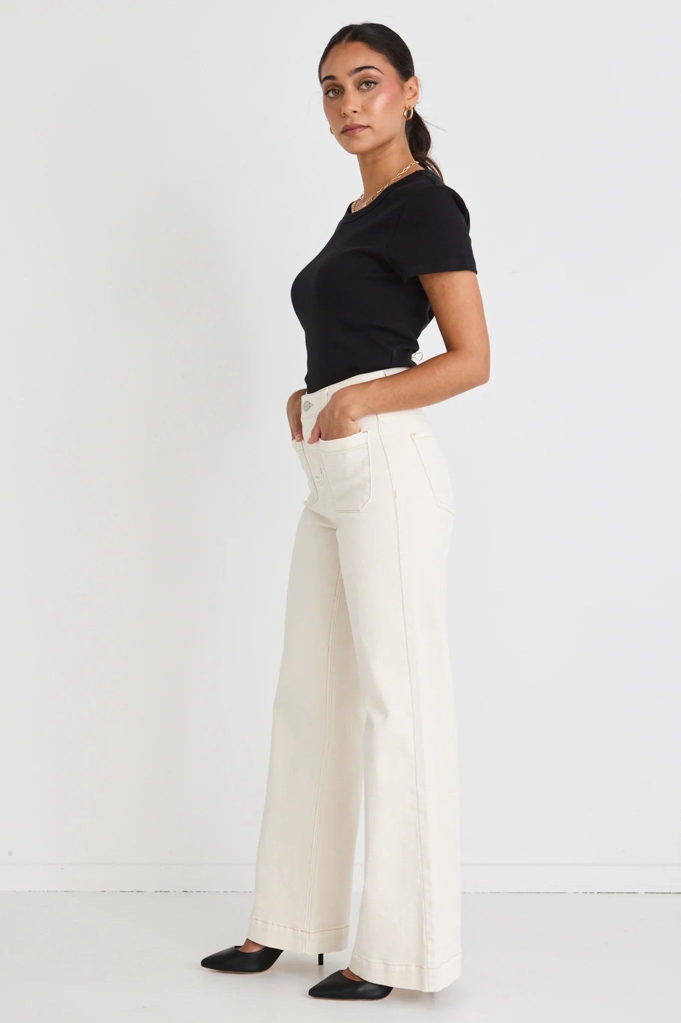 AMONG THE BRAVE Zoey Ecru Wide Leg Pocket Jean