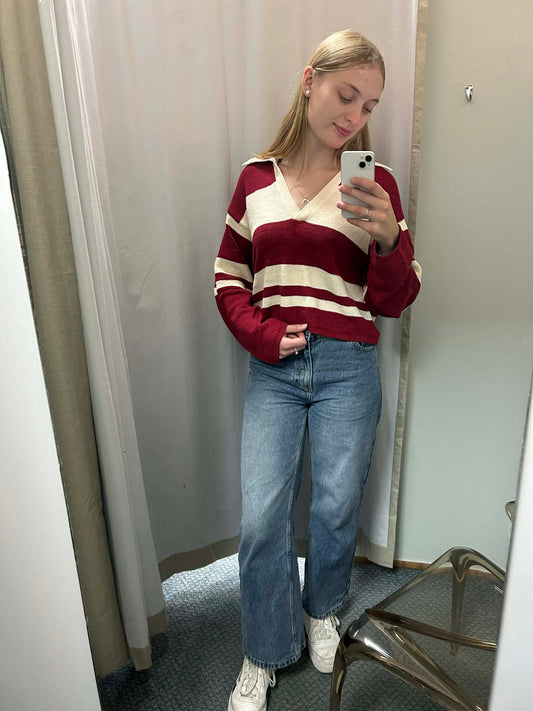 MON RENN Cosmo Knit Jumper Burgundy Cream Stripe