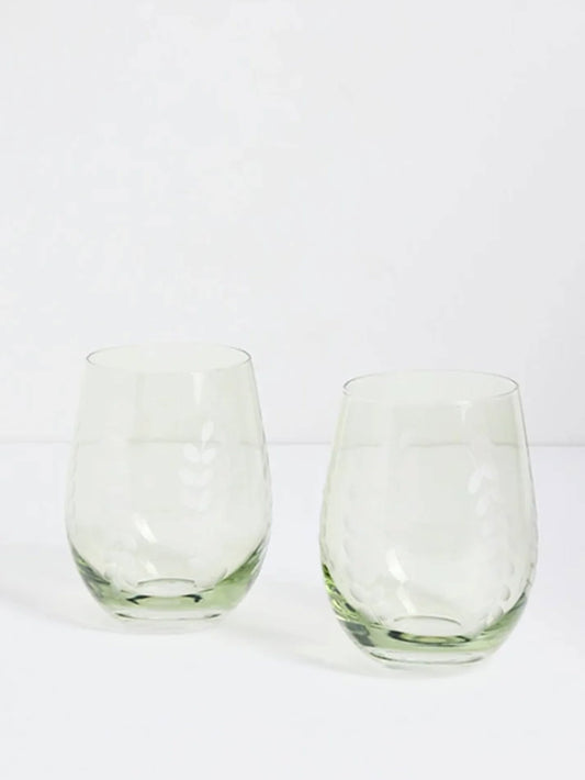 WILLOW+MAE Olive Green Etched Leaf 2 Set of Stemless Glasses