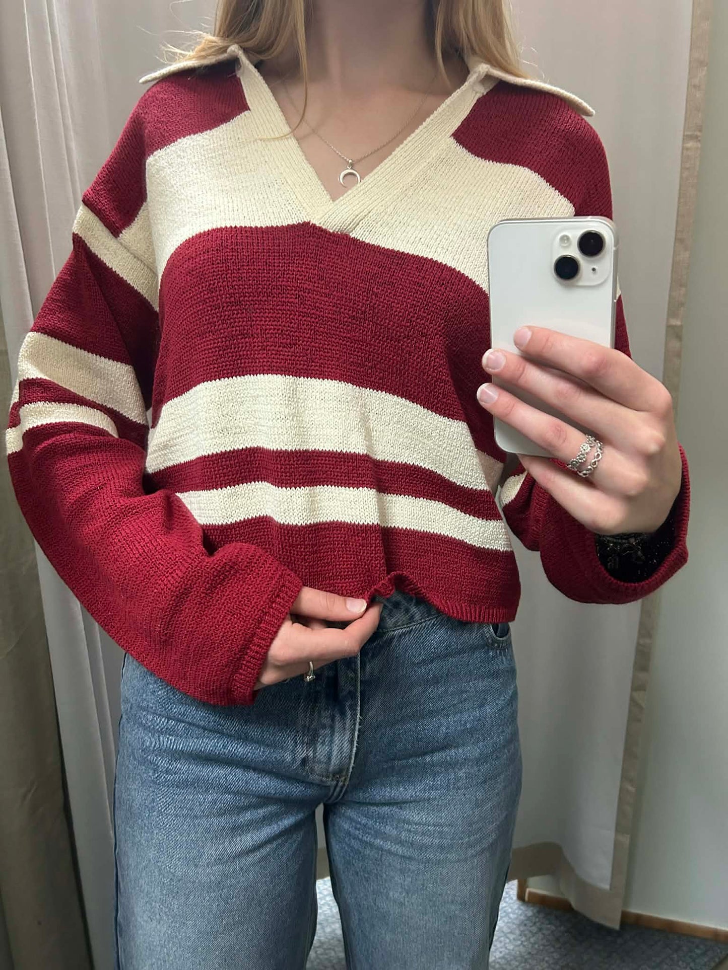 MON RENN Cosmo Knit Jumper Burgundy Cream Stripe