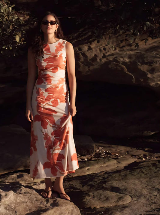 MINK PINK Isla Peach Hibiscus Mesh Midi Dress