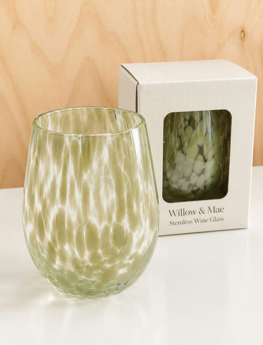 WILLOW & MAE Stemless Olive Splatter Wine Glasses
