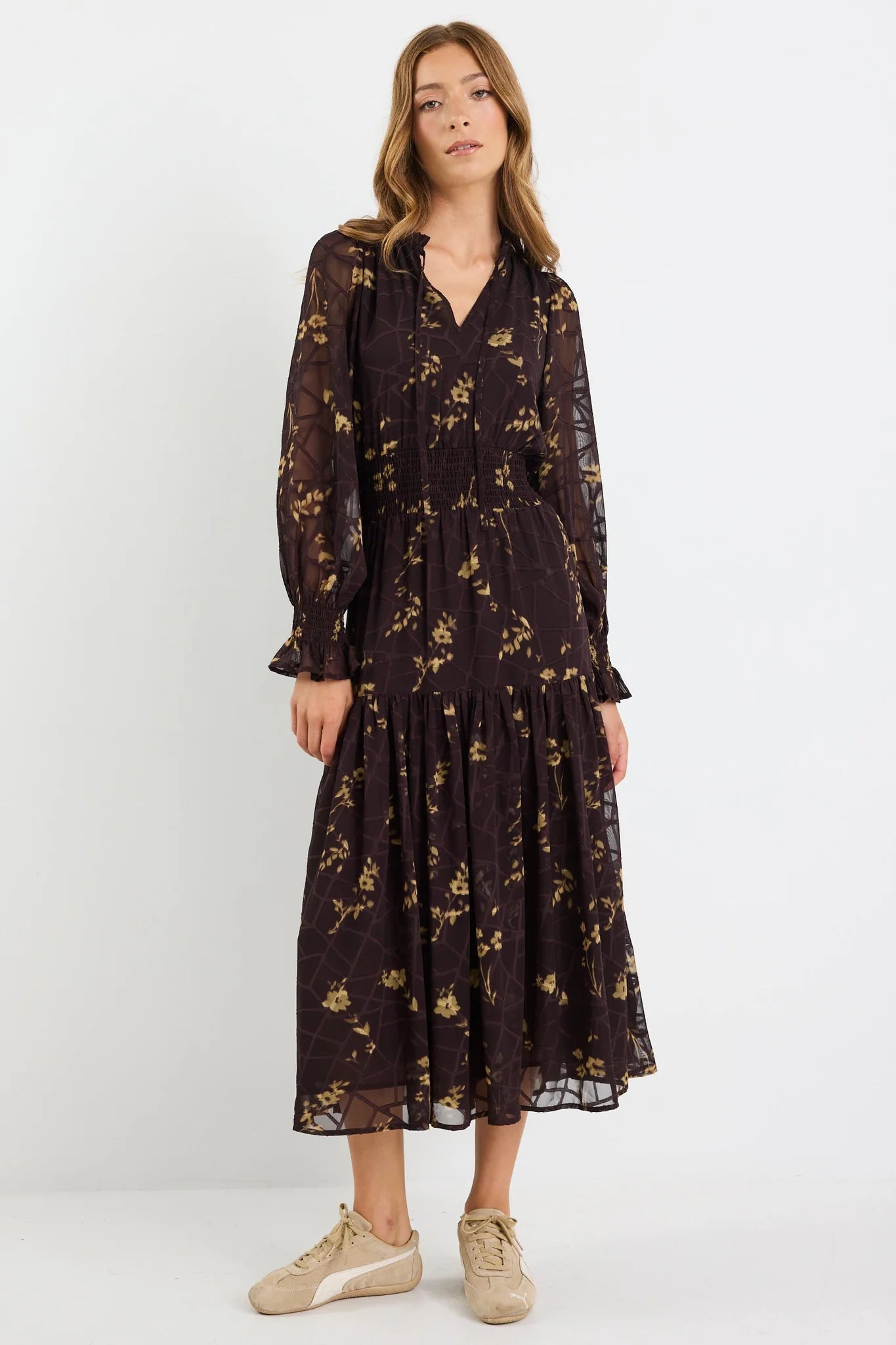 IVY+JACK Addition Chocolate Butter Floral Long Sleeve Dress