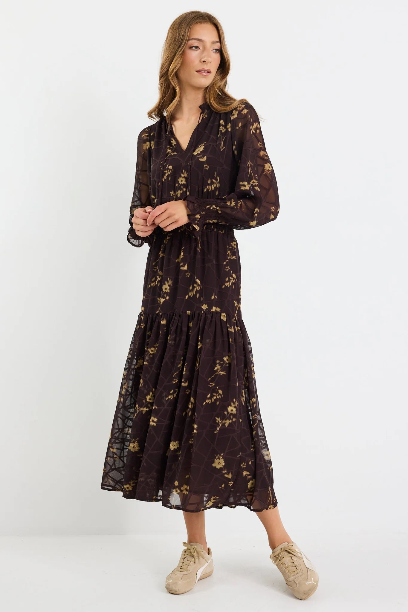 IVY+JACK Addition Chocolate Butter Floral Long Sleeve Dress