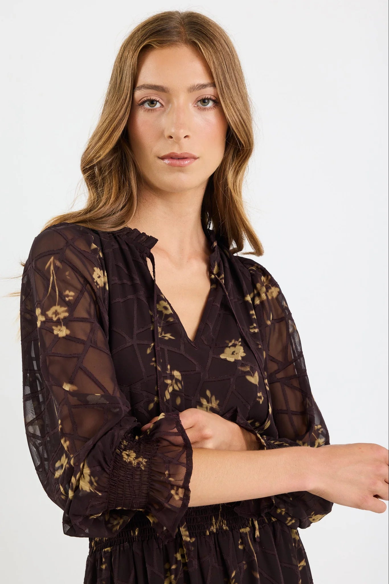IVY+JACK Addition Chocolate Butter Floral Long Sleeve Dress