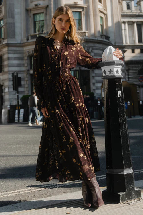 IVY+JACK Addition Chocolate Butter Floral Long Sleeve Dress