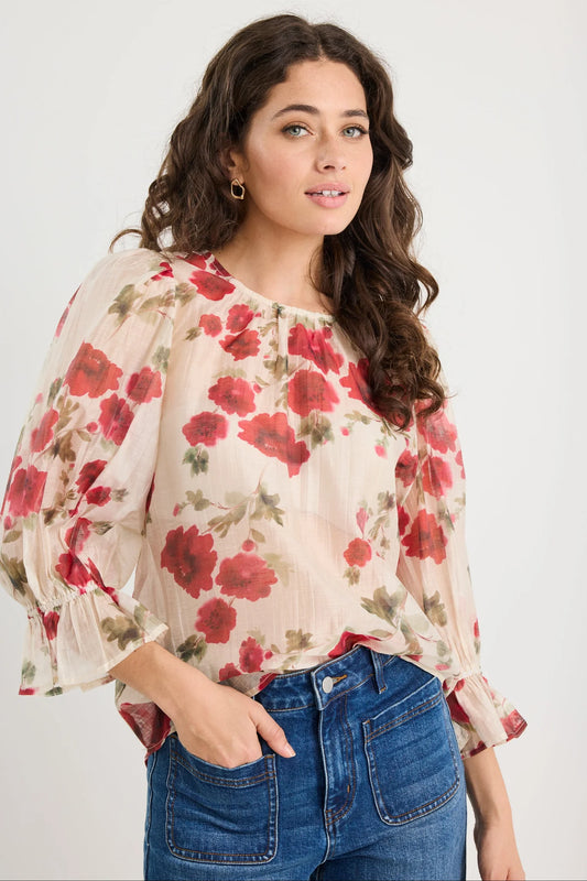 IVY+JACK Candid Cream Red Rose Mid Sleeve Top