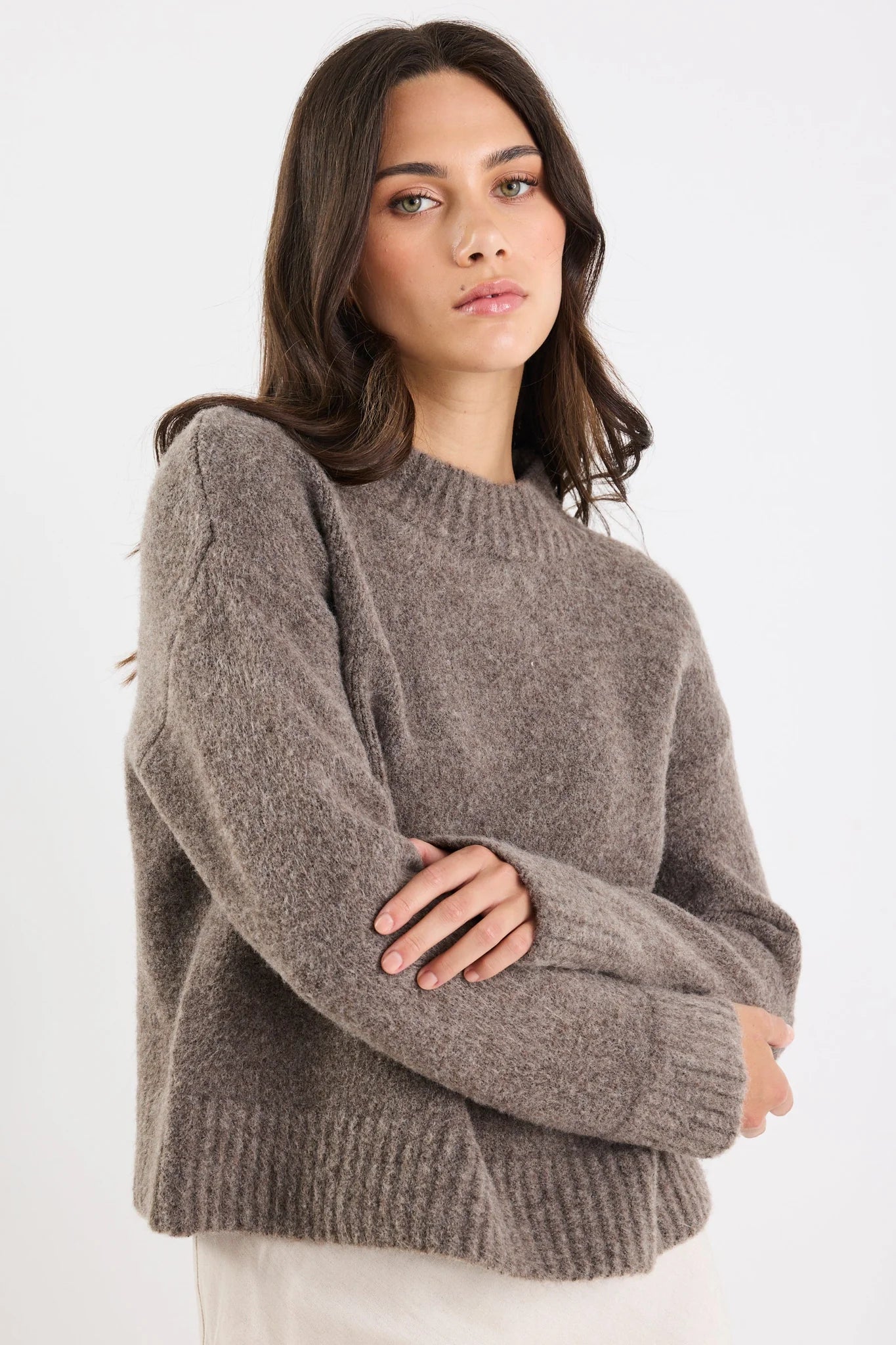 AMONG THE BRAVE Cocoon Mocha Relaxed Mock Neck Knit