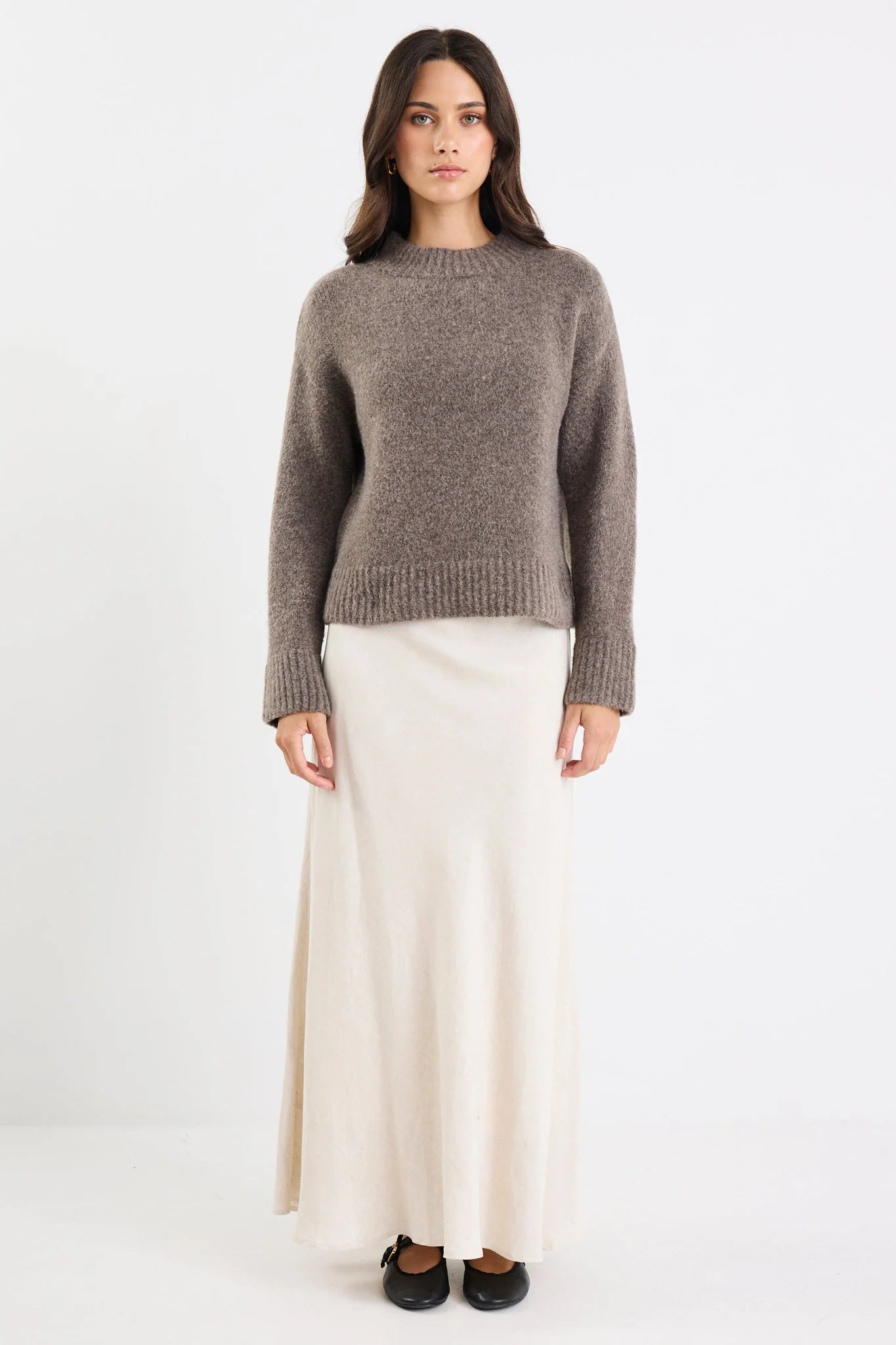 AMONG THE BRAVE Cocoon Mocha Relaxed Mock Neck Knit