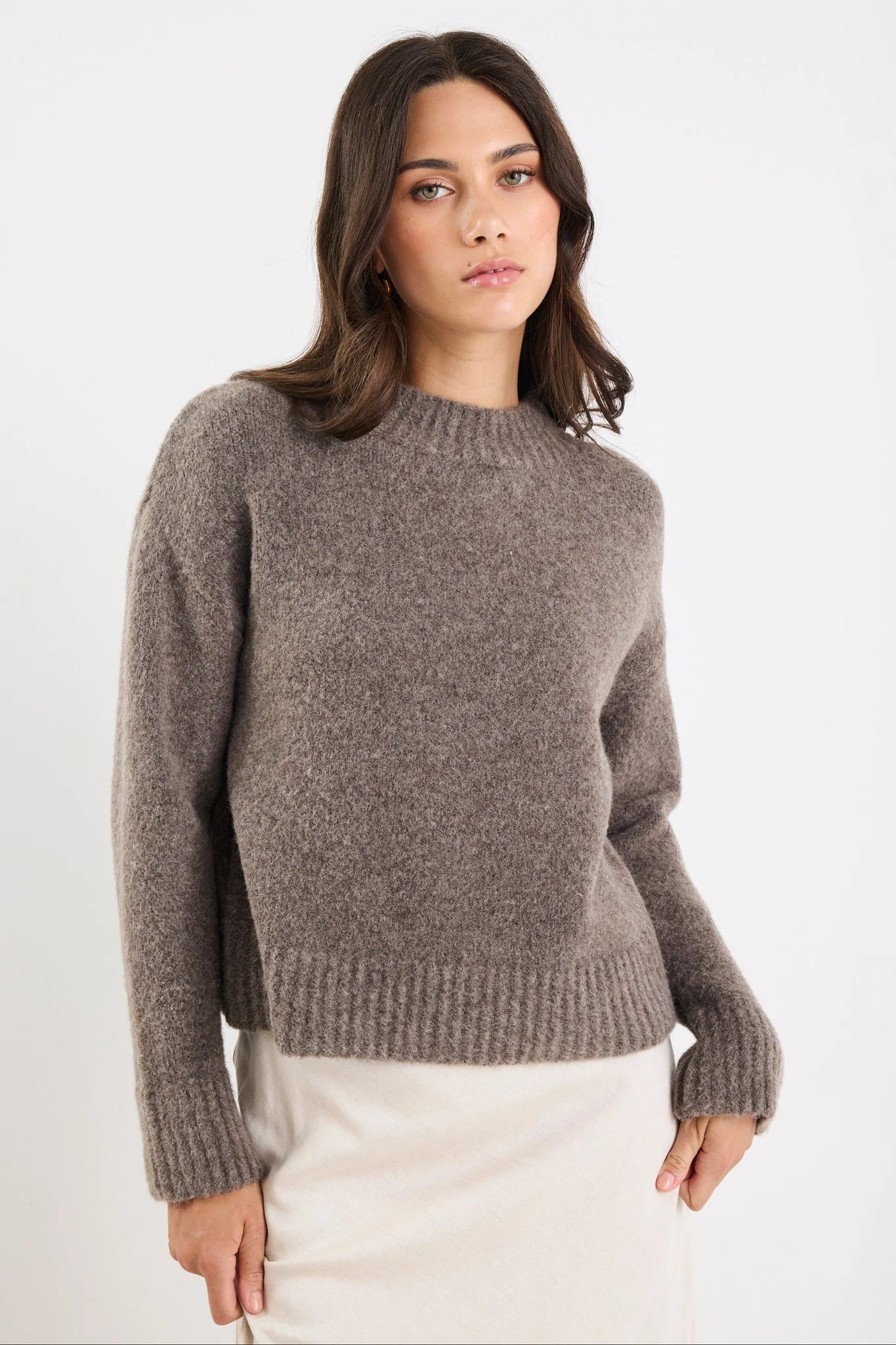 AMONG THE BRAVE Cocoon Mocha Relaxed Mock Neck Knit