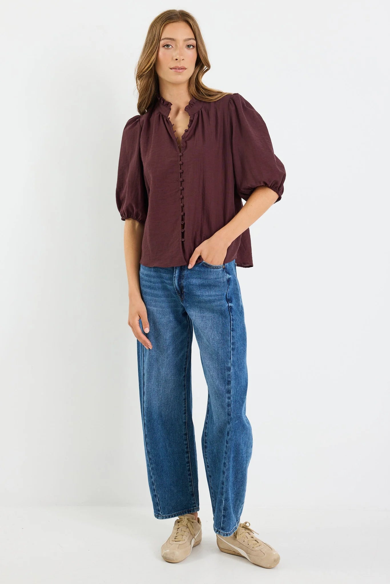 IVY+JACK Continuance Chocolate Semi Sheer High Neck Button Top